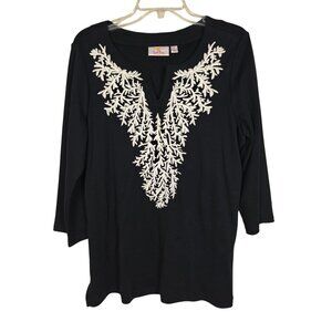 Vtg Quacker Factory Black 3/4 Sleeve Top White Embroidered Design Size L Cotton